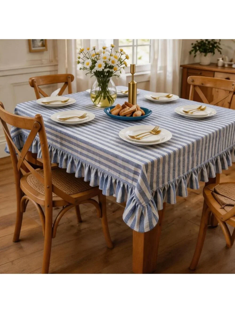 Light Blue Striped Ruffled Tablecloth 60x120 Inch, Gingham Style for Dining